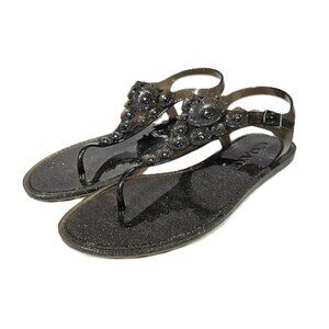 Coach Tea Rose Jelly Thong Sandals Black Glitter Floral Women's Size 9B G2071